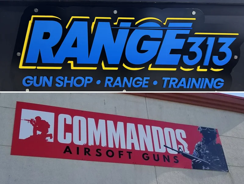 Range 313 lit sign and Commandos Airsoft storefront sign